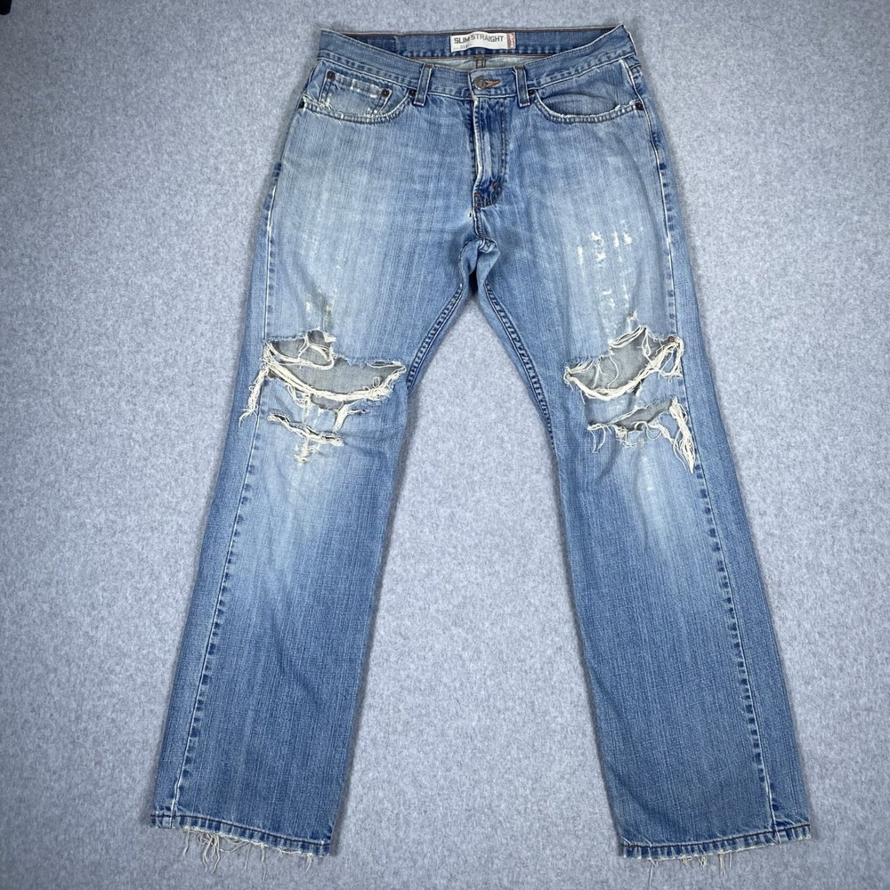 Vintage Levi's 514 Slim Straight Jeans Men 32x30 Blue Distressed Destroyed Denim
